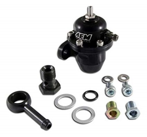 Picture of AEM 25-303BK inline EFI fuel pressure regulator 2x AN6 ORB / 1x AN6 ORB