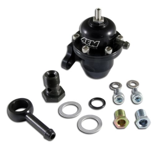 Picture of AEM Acura and Honda Fuel Pressure Regulator Offset with 90 Degree Return line Fitting - 25-304BK